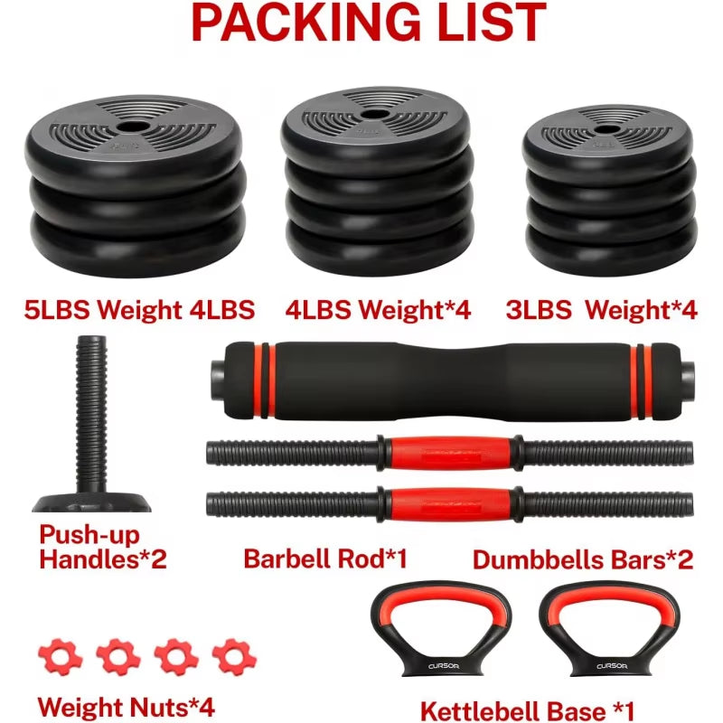 AQ 4-IN-1 Adjustable Dumbbells Set,Work as Dumbbell/Barbell/Kettlebell/Push up Stand,Home Gym Weights Strength Tra