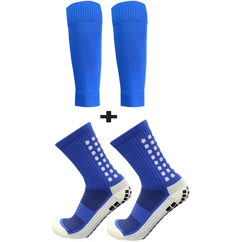 2 Pairs Set Men Grip Soccer Socks and Calf Sleeves Adult Youth Non Slip Leg Cover Guards for Basketball Football Sports Socks